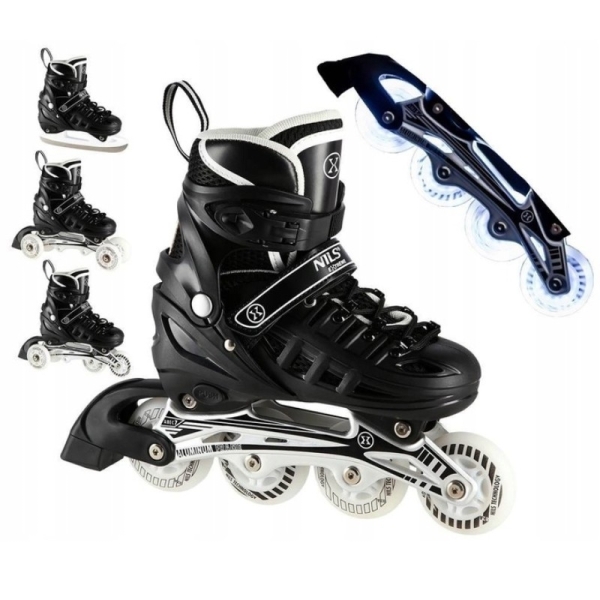A-l luistimet, Nils Extreme 4-in-1 LED, NH10905, koko (S) 31-34, musta väri. A-l luistimet, Nils Extreme 4-in-1 LED, NH10905, koko (S) 31-34, musta väri.