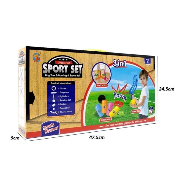 3-in-1 Sport Set pelit, ringstos, pallon nappaaminen, keilailu 3-in-1 Sport Set pelit, ringstos, pallon nappaaminen, keilailu