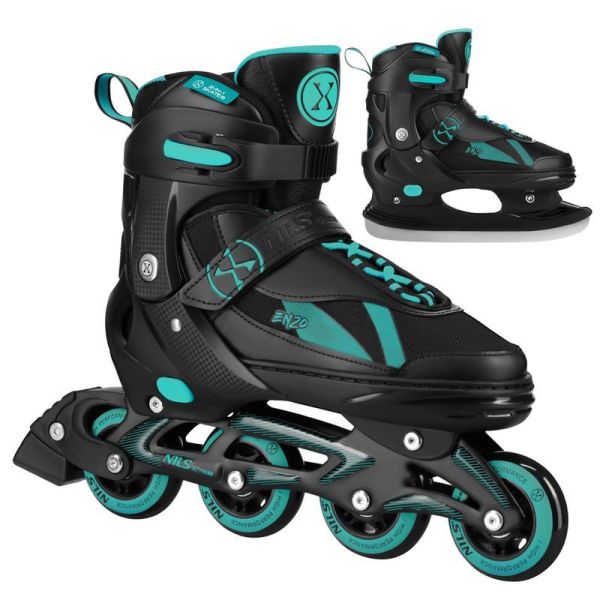Nils Enzo 2-in-1 inline-luistimet, NH382, koko 28/31, väri musta/turkoosi.