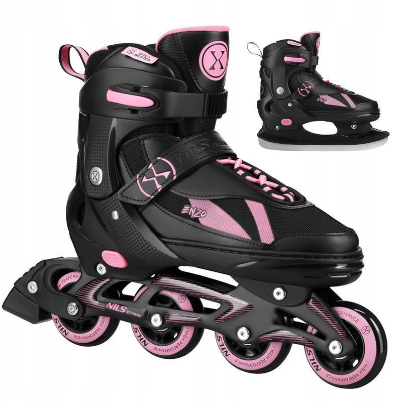 Nils Enzo 2-in-1 inline-luistimet, NH382, väri musta/vaaleanpunainen.