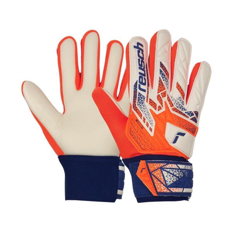 Reusch Attrakt Starter Solid Junior maalivahdin hanskat, väri valkoinen-oranssi-sininen.