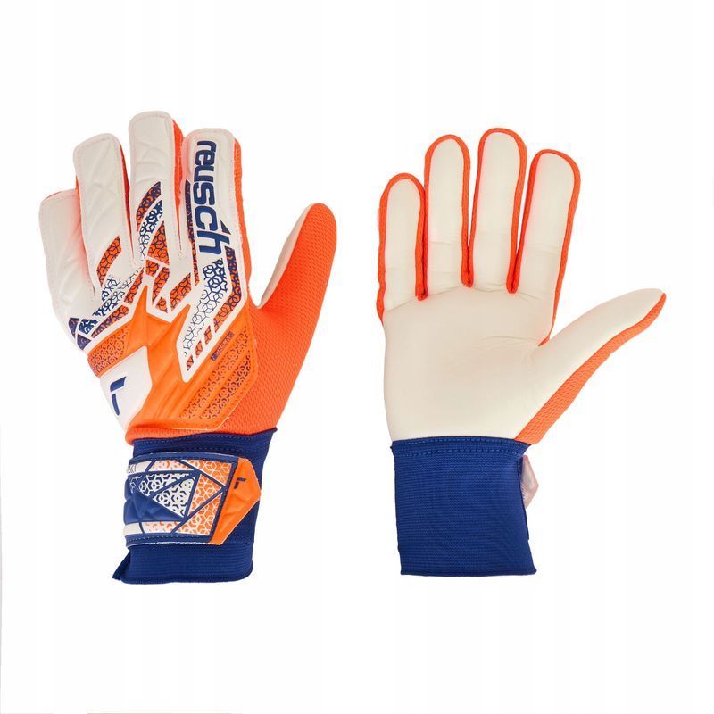 Reusch Attrakt Starter Solid maalivahdin hanskat, väri valkoinen-oranssi-sininen.
